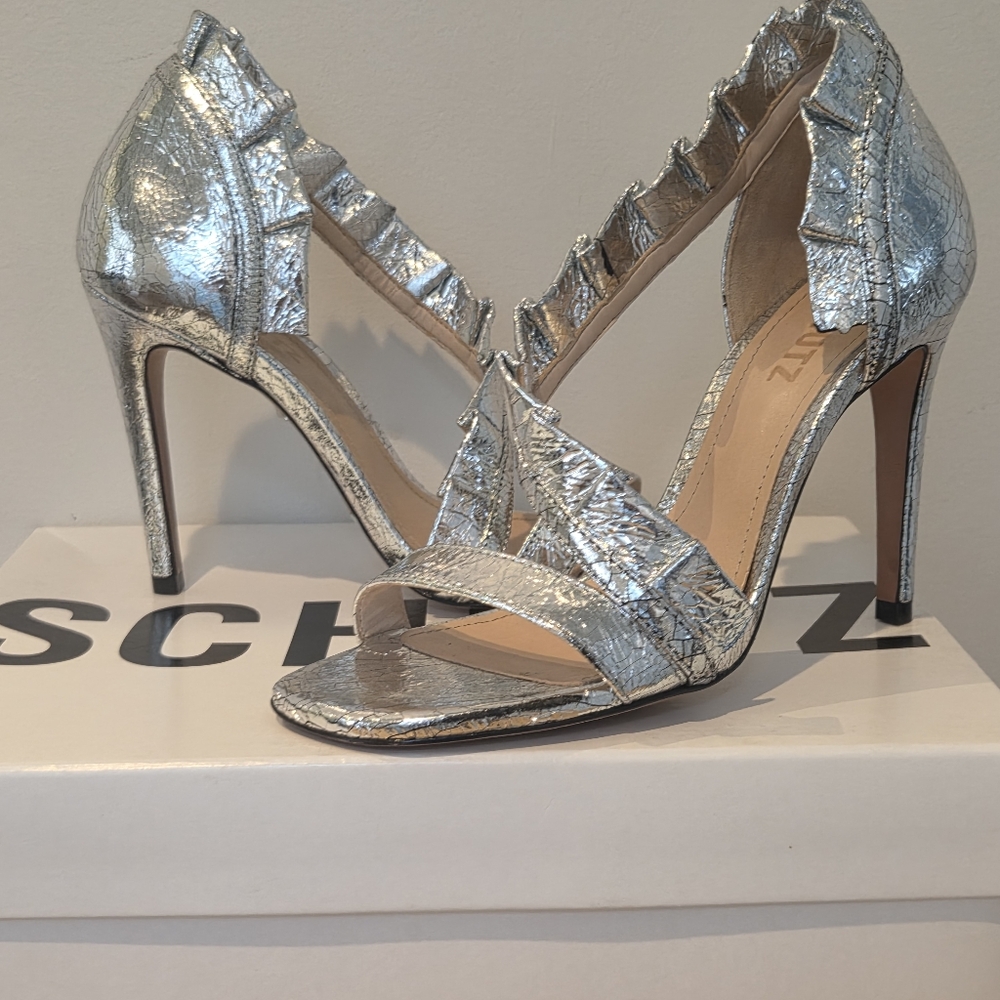 Schutz Silver Women's Leather Ruffle strap Heels